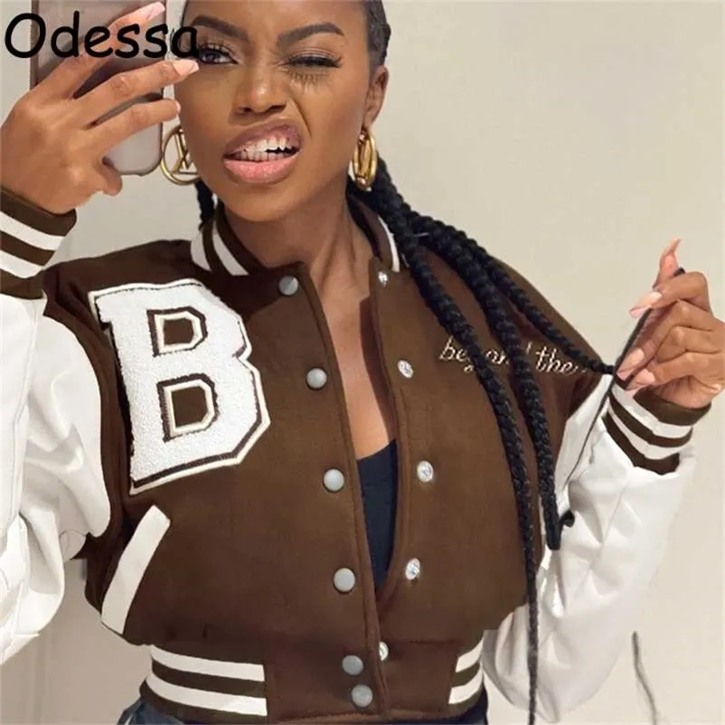 Odessa 2022 Winter Frühling Langarm Frau Baseball Jacke Kunstleder Y2K Varsity Bomber Crop Damen Jacken Mäntel 220118