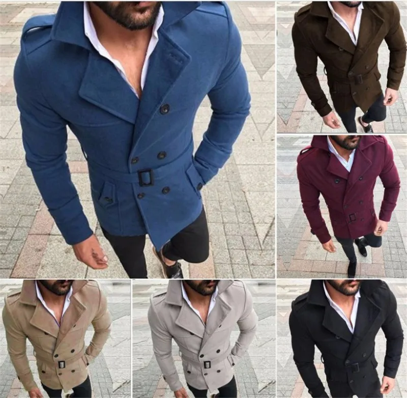 Fashion- Designer Mens Belt Peacoat Double Breasted Solid Homme Slim Long Coat Male Button Decoration Casual Coat