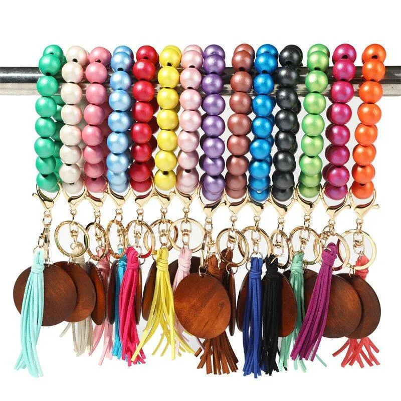 Favor Pearlescent Color Wooden Beads Keyring Velvet Tassel Bracelet Keychain Monogrammed Engrave Wood Chip Bangle Key Ring
