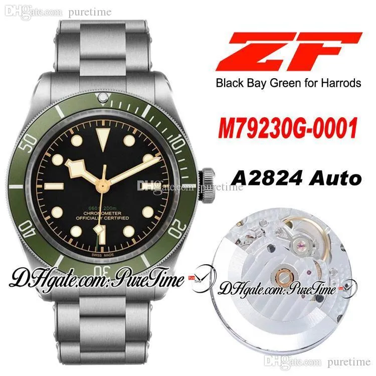 ZF "Green" Exclusif à Harrods A2824 Montre automatique pour homme Lunette verte Cadran noir Bracelet en acier inoxydable Meilleure édition PTTD Puretime C03