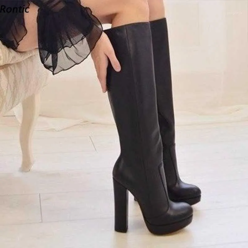 Boots Rontic Women Winter Knee Platform Stiff Faux Leather Block Heels Round Toe Elegant Black Party Shoes Ladies US Size 5-20