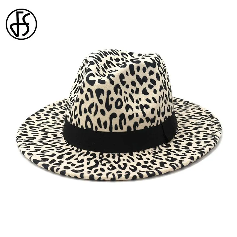 FS Beige Flat Brim Wool Felt Jazz Fedora Hats Men Women Leopard Ribbon Band Decor Trilby Panama Formal Hat Autumn Winter Cap