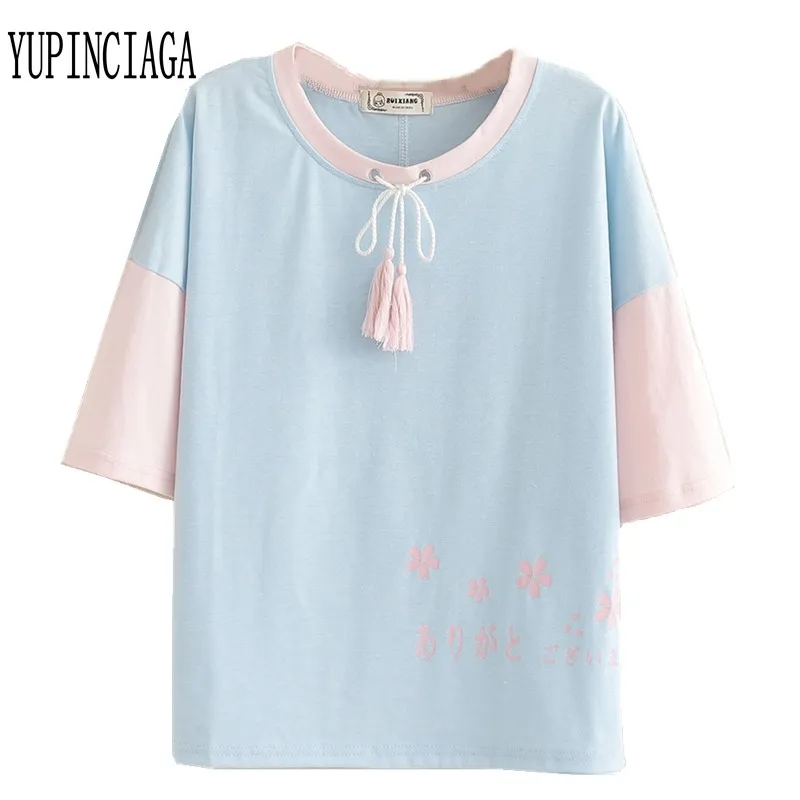 Yupinciaga Femmes Japonais Mori Mori-Cou Soux Tee Tee Tops Colorblock Tassel Sakura Imprimer T-shirt en coton à manches courtes T200616