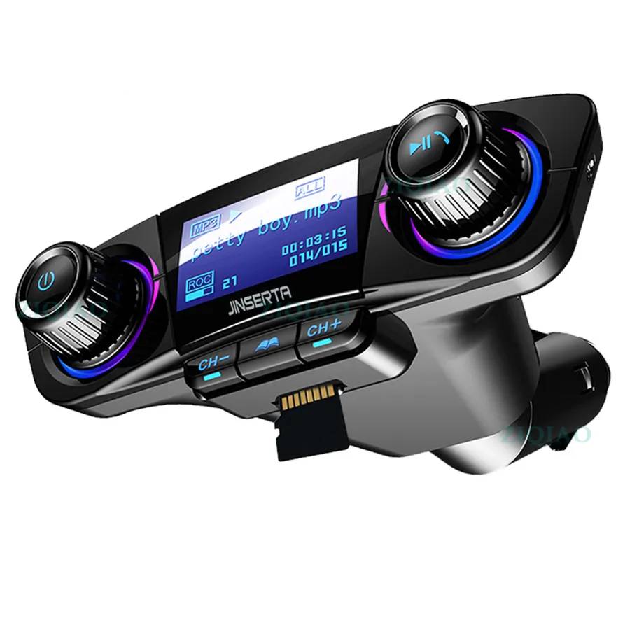 Bluetooth 5.0 CARキット無線FMトランスミッタハンズフリーオーディオ受信MP3プレーヤーデュアルUSB充電器TF AUX BT06