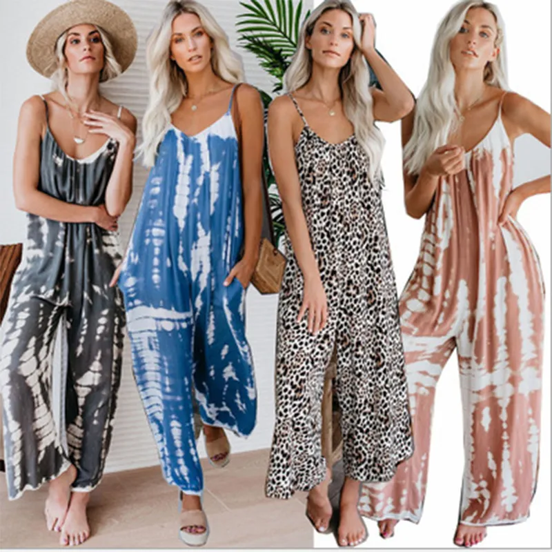Womens Summer Loose Wide Legs Jumpsuit Sling Long Sleeveless High Waist Plus Size Bodysuit Ladies Print O-Neck Casual Rompers