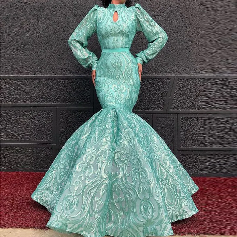 Mint Lace Mermaid evening wear dresses with High Neck...