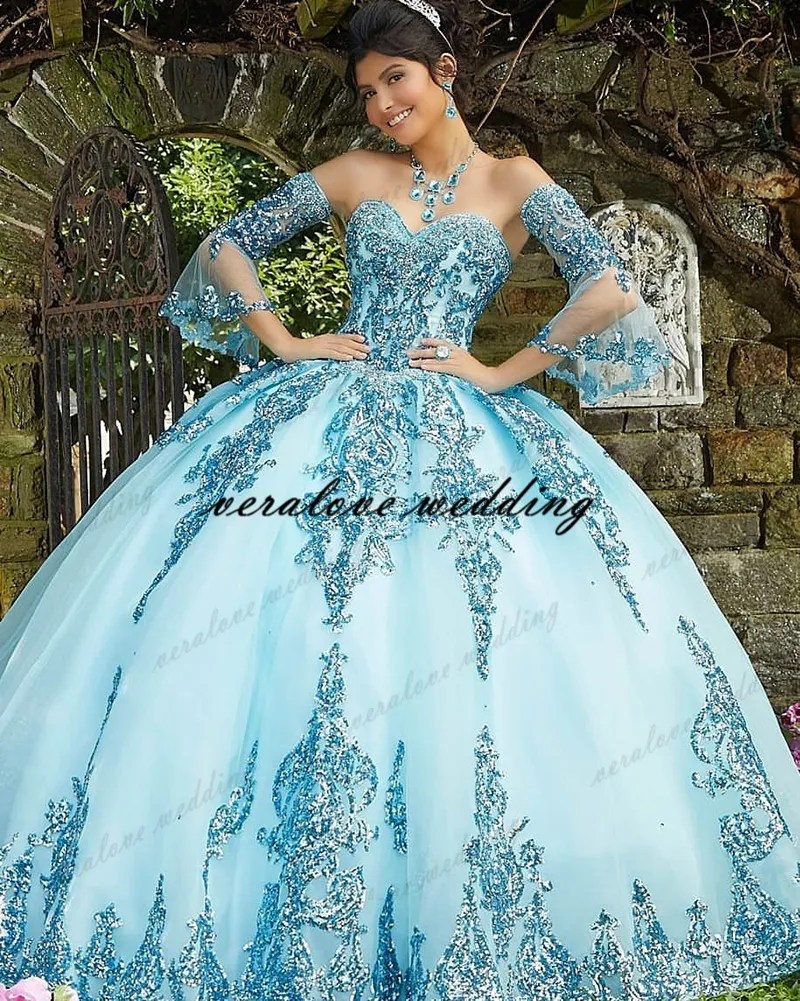 Blue Sparkly Ball Pown TwineAnera Платья квинкена Съемные рукава Милая Сексиры Applique Sweet 16 Одежда на вечеринке