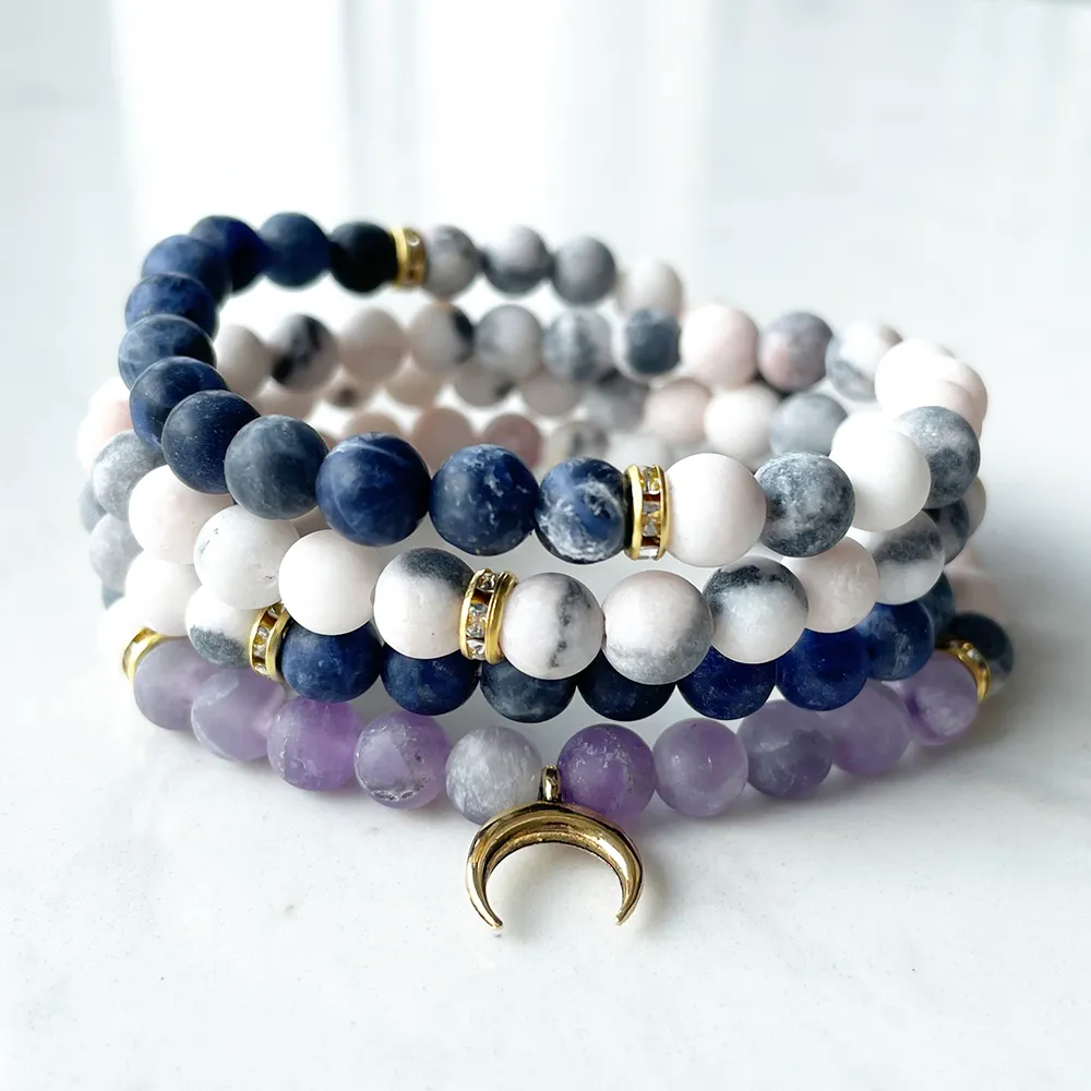 MG1395 6 mm 무광택 Sodlite 및 자수정 108 Mala Bracelet 여성용 요가 영적 랩 팔찌 문 매력 Mala Jewelry