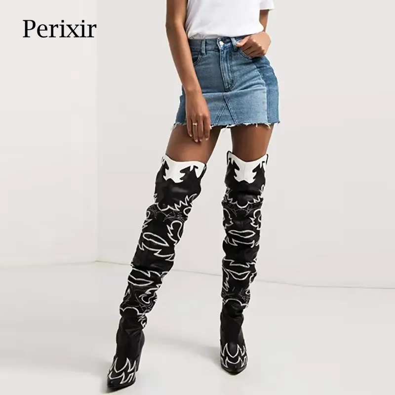 Perixir Women Western Over The Knee High Boots Embroider Pointed Toe CowGirl Long Booties Sexy Hoof Heel Women Winter Shoes 201126