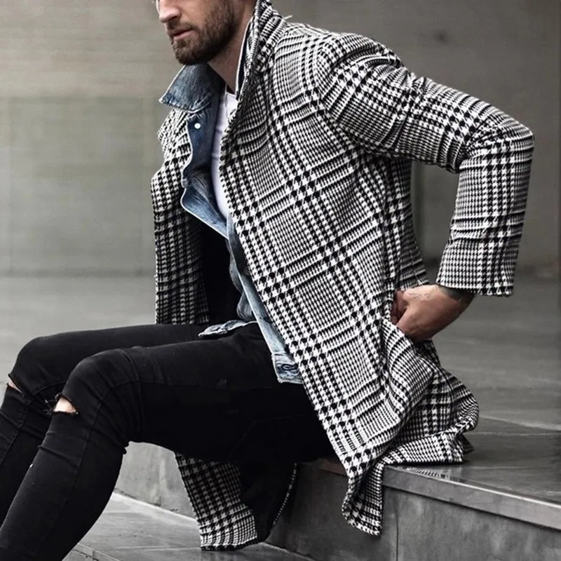 Korean Mens Checkered Overcoat Men's Wool Blend Overcoat: Korean Style Long  Winter Coat, Black White Plaid,