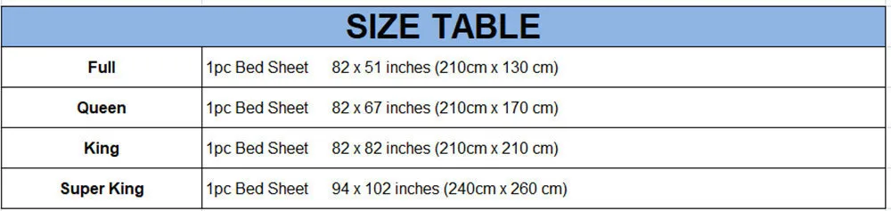 Size Table for Black
