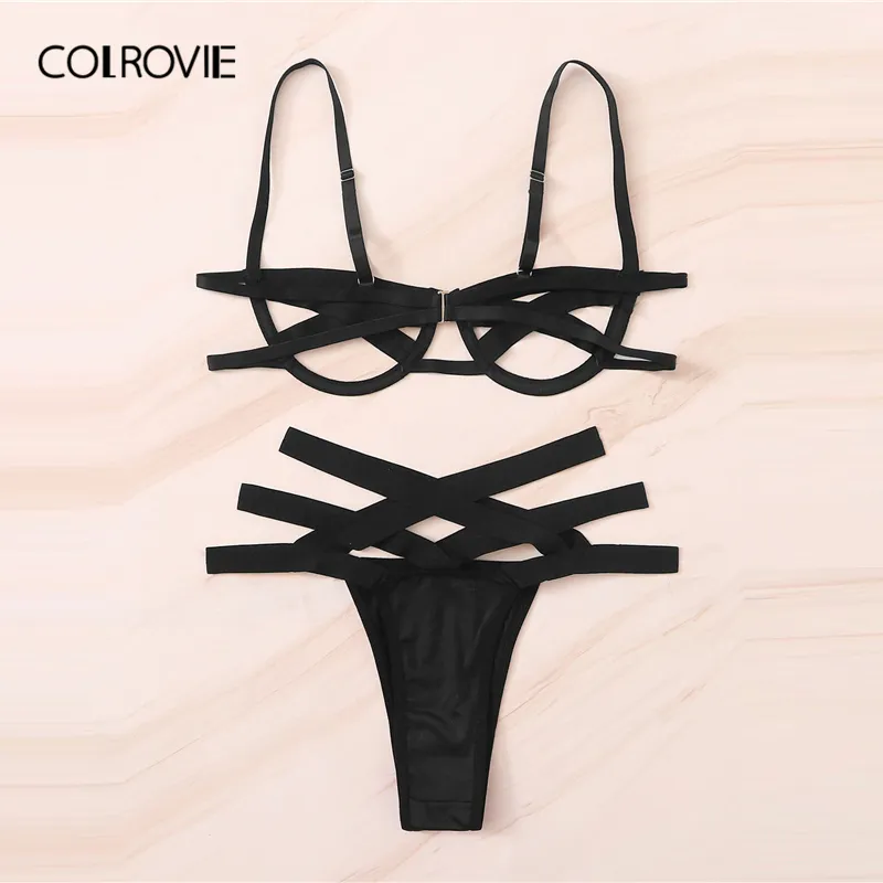 COLROVIE Black Ladder Cut-out Underwire Bra and Thong Lingerie Set Women  Band Size 48 from Dhgate Bras Sets