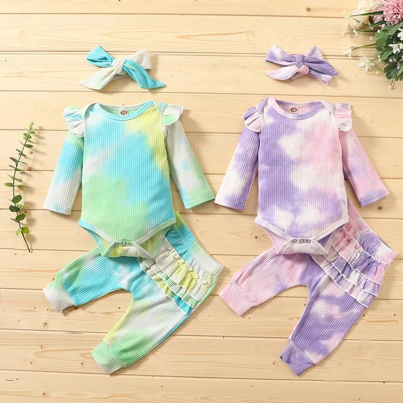 Baby Clothes Clothing Set Long Sleeve Romper Pants Bow Headband 3 pcs Fashion Infants Wear Tie Dye Baby Girl Outfit With Headband