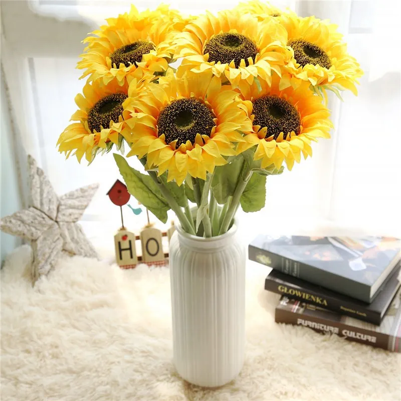 Artificial Silk Sunflower Wedding Bridesmaids Flower Mini Bouquet Baby's Breath Bunch Home Party Wedding Table Decoration