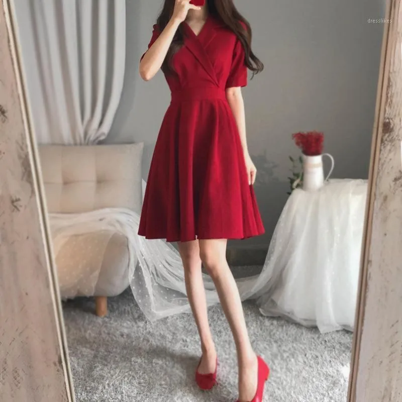 Vestidos casuais goohojio 2021 outono arco-nó vestido senhoras v-pescoço de v-4xl cinta de manga curta alta cintura vermelha para as mulheres