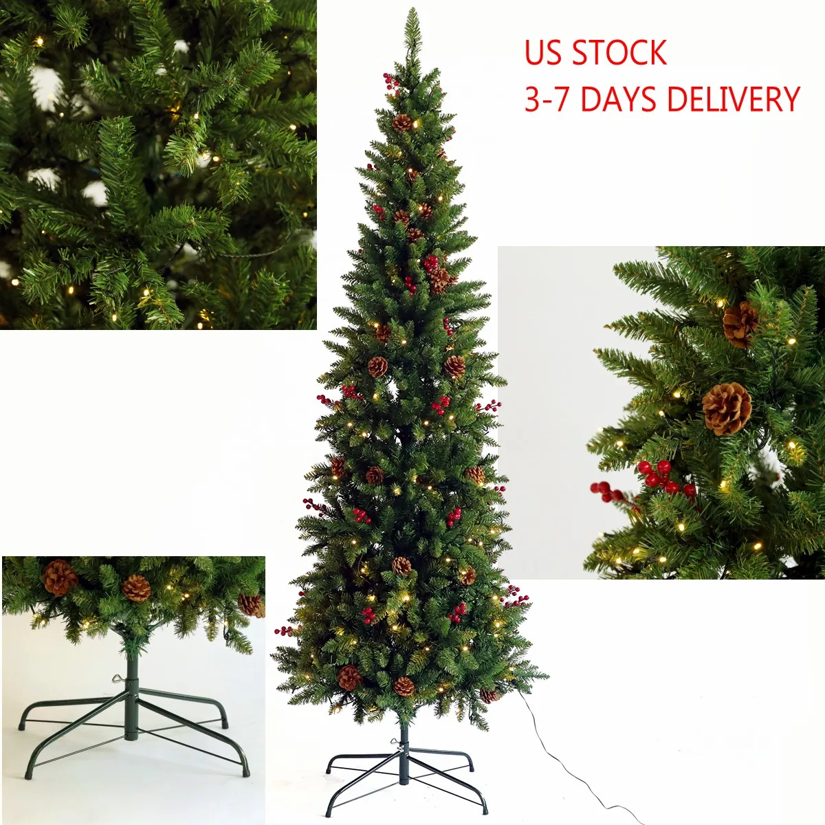 US-amerikanischer künstlicher künstlicher schlanker Weihnachtsbaum vor-beleuchtet Bleistift fühlen echtes Tanne mit Kegeln und Beeren 7,5ft faltbares Metallstand W49819947