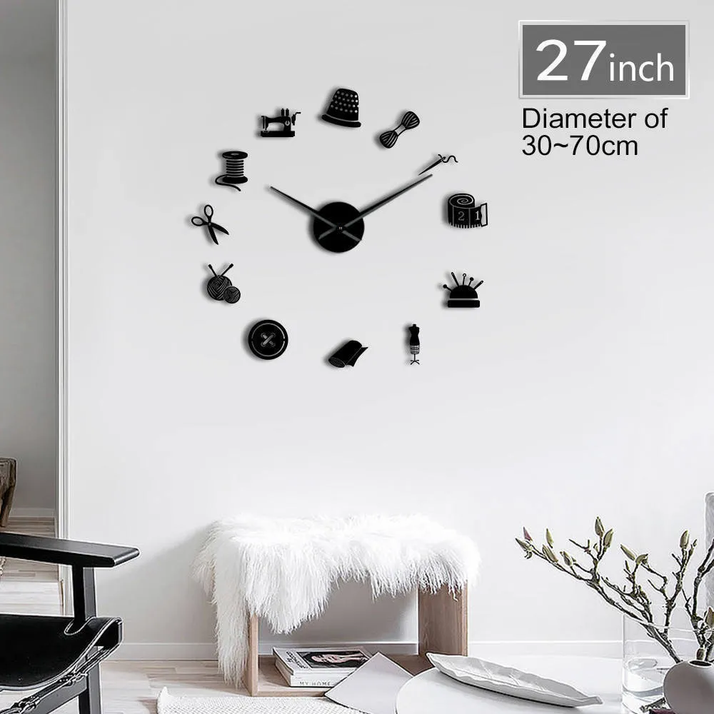 Naaiende instrumenten Gereedschap Giant DIY Wandklok Neamstress Designer Mirror Effect Wall Art Room Decor 3D Frameloze Klokhorloge Y200109