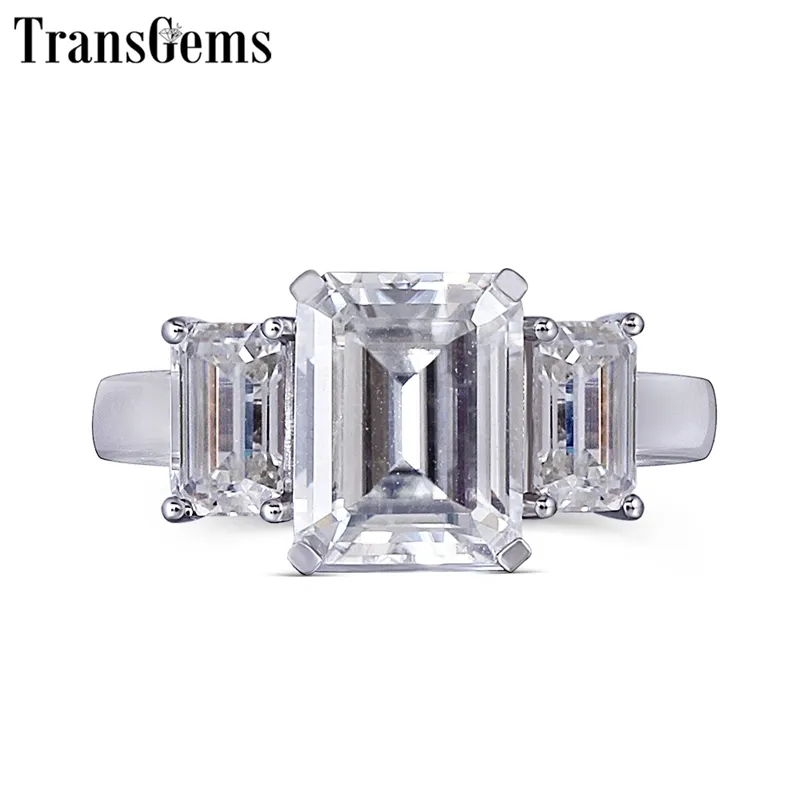 Transgems 14k 585 Vitt guldförlovningsring för kvinnor f Color Emerald Cut 3 Stone Engagement Ring Y200620