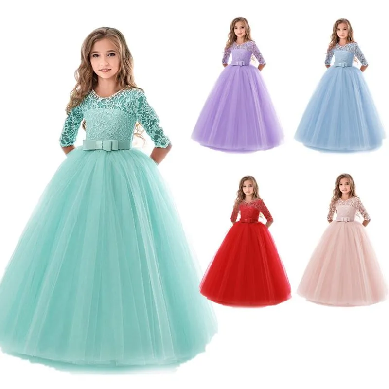 Girls Lace Half Sleeve Dress Kid Girls First Communion Dresses Tulle Lace Wedding Princess Costume For Junior Children Clothes