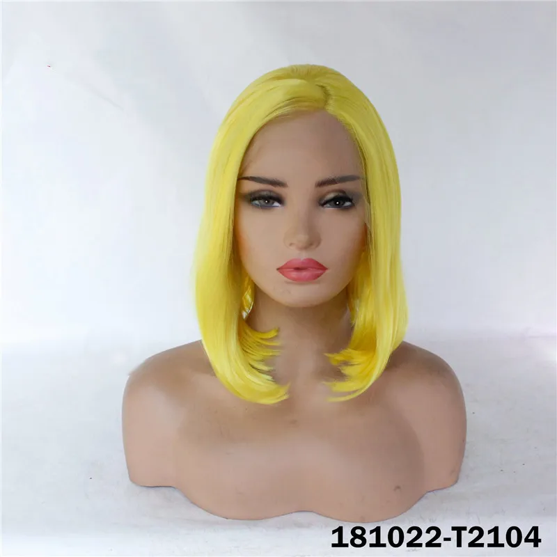 Short Bobo Lace Front Wig Synthetic Simulation Human Hair Wigs perruques de cheveux humains T2104 Yellow Color