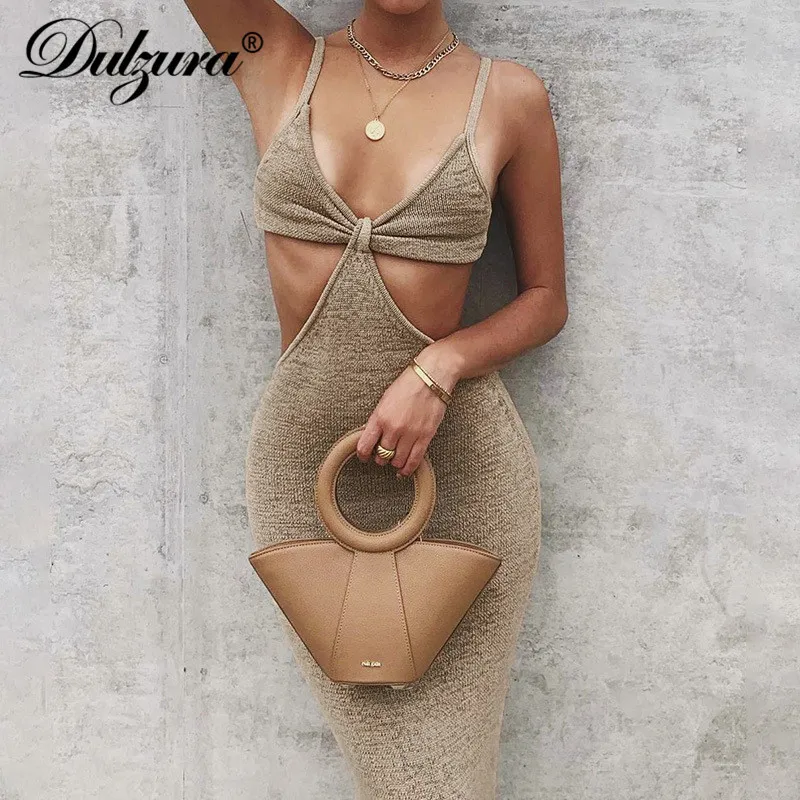 Dulzura Ribbed Dzianiny Damskie Pasek Midi Dress Hollow Out Bodycon Sexy Streetwear Party Club Festival 2021 Wiosna Letni klub Y0118