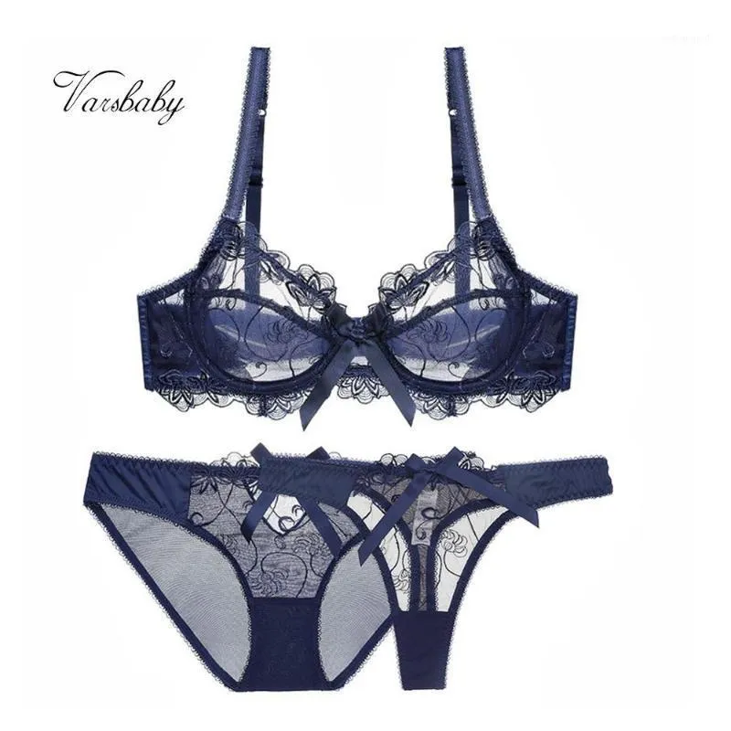 BRAS SETS VARSBABY 3PCS Mulheres Sexy Slim Lace Lingerie Senhoras Underwire Bra Brasil + Calcinha + Thongs1