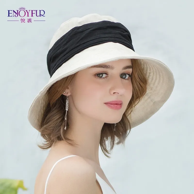 ENJOYFUR Femmes D'été Soleil Chapeaux Coton Lin Pliable Plage Chapeau De Mode Patchwork Seau Cap Y200602