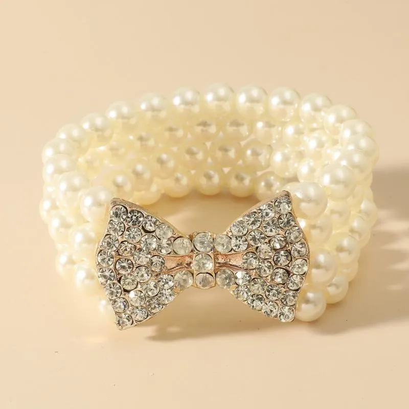Nowa barokowa imitacja imitacja Pearl Bransoletka Metal Gold Bow Rhinestone Bracelets For Women Party Jewelry Akcesoria1300J