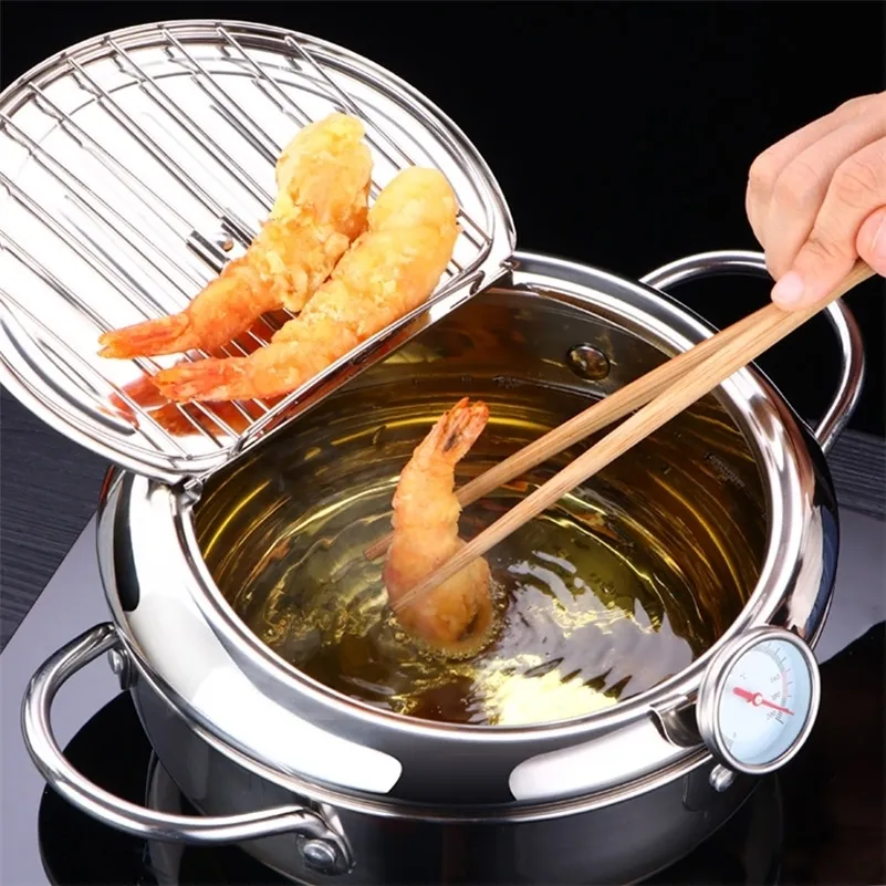 LMETJMA Japanese Deep Frying Pot with a Thermometer and a Lid 304 Stainless Steel Kitchen Tempura Fryer Pan 20 24 cm KC0405 201223