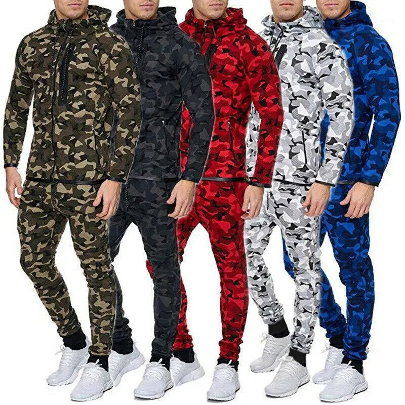 Heren trainingspakken mannen camouflage trainingspak set lange mouw zip hoodie tops broek jogging sportkleding zwart blauw groen rood wit1