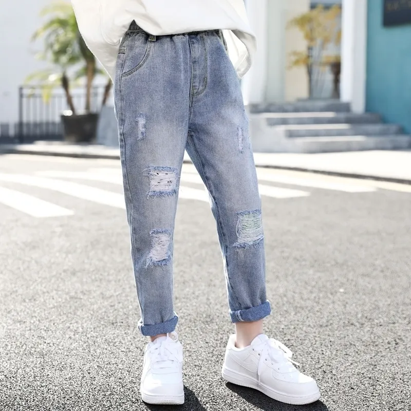 Spring Jeans Hole Girls Ripped Jeans Pants Elastic Waist Children's Jeans  Girls Mid Wiat Clothes Girl Casual Baggy Denim Pants