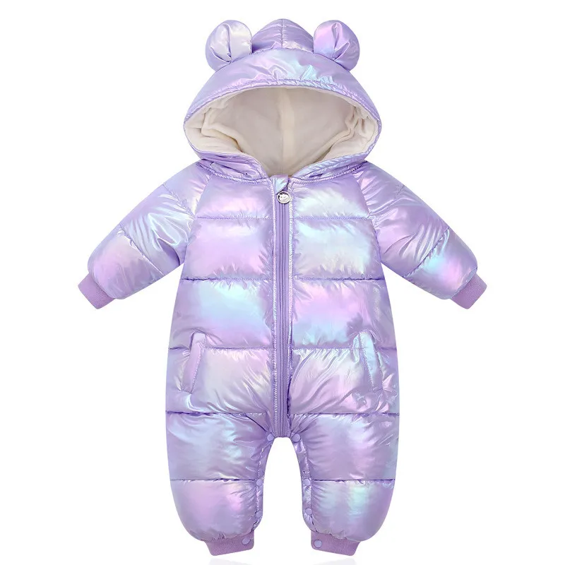 New Plus Velvet Jumpsuits Baby Winter Rompers Cartoon Hooded Shiny Waterproof Newborn Girls Snowsuit Toddler Boys Coat clothes LJ201007