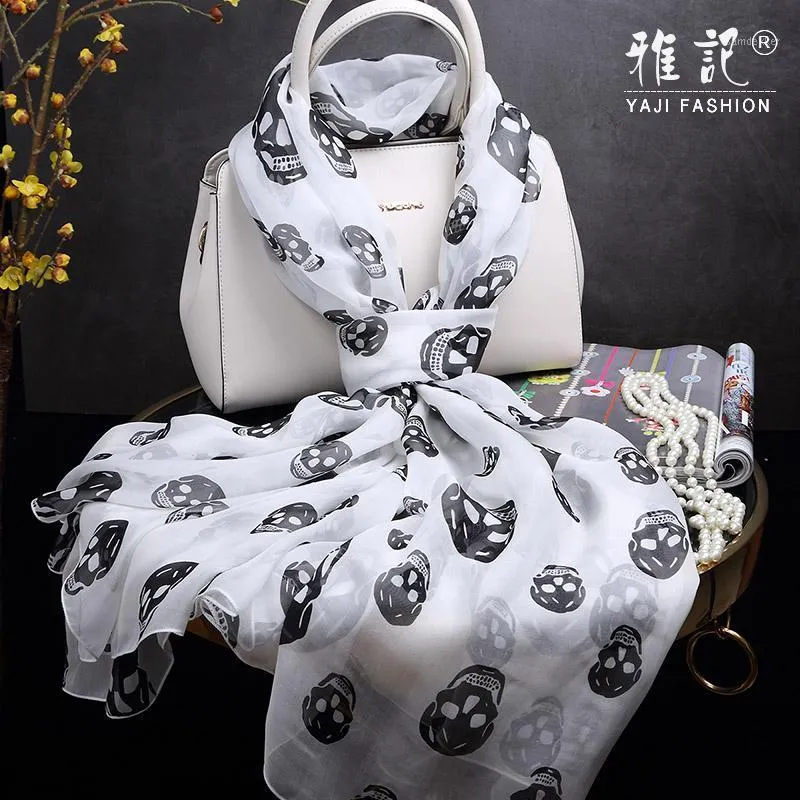 100% Silk Scarf Shawl Hangzhou Silk Soft and Elegant Black Skull White Scarf Dams Long Shawl Spring Autumn12373