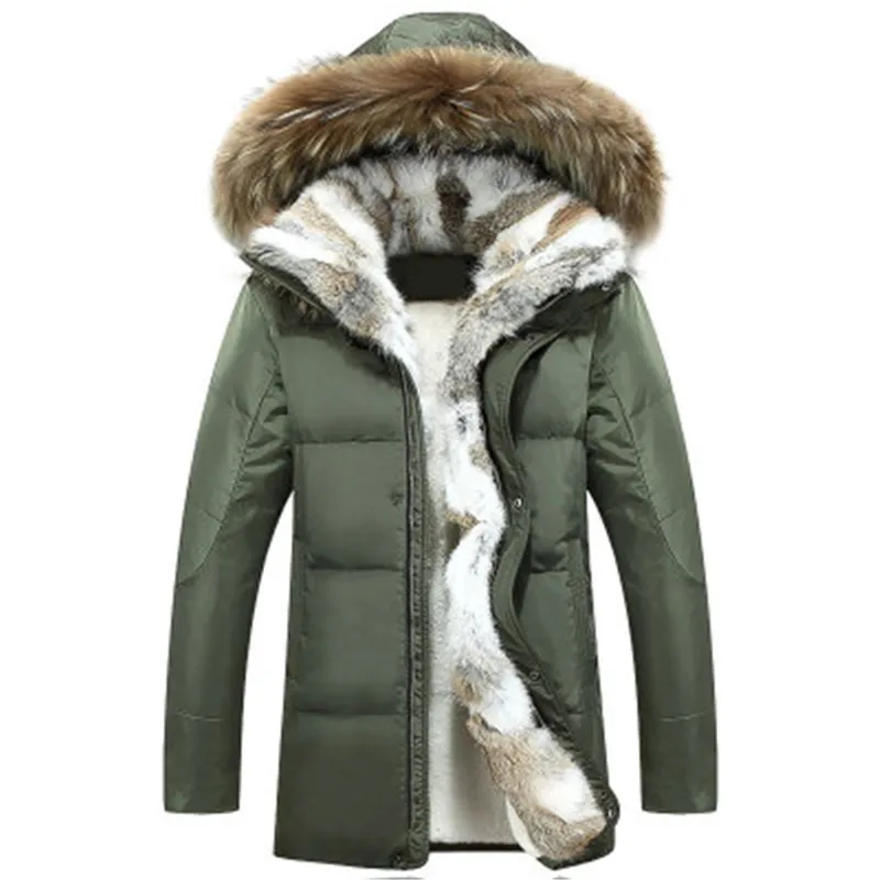 Mens Duck Down Jacket With Rabbit Fur Collar Hooded From