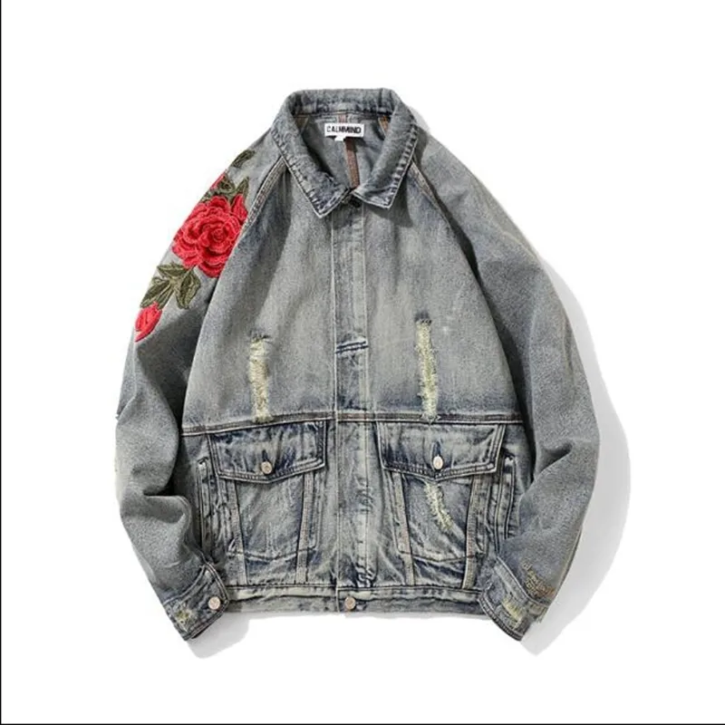 Mens 3D Rose Flower Embroidered Denim Jacket Vintage Frayed Mens 3D Rose Flower Embroidered Denim Jacket Vintage Frayed