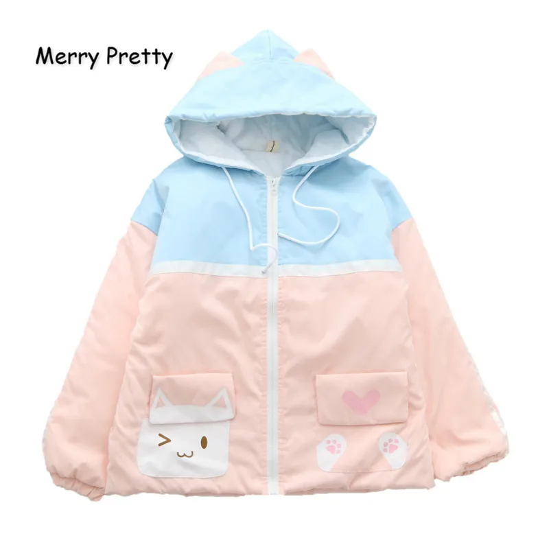 Vrolijke mooie vrouwen cartoon print harajuku katoenen jas patchwork jas jassen winter lange mouw hooded warme parka jas 201019