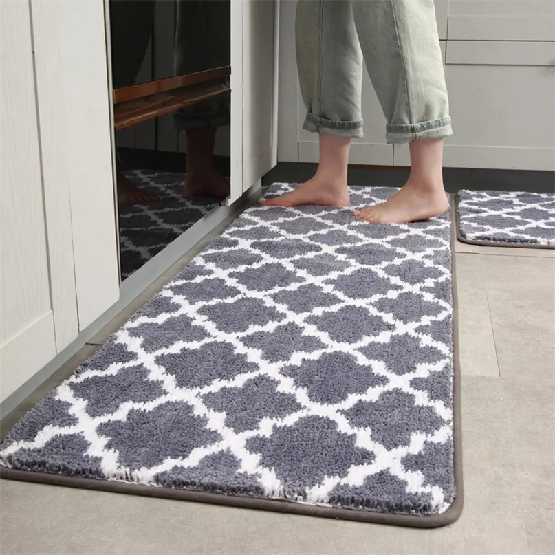 High-quality Thicken Kitchen Rug Lattice Plush Washable Long Carpets Non-slip Bathroom Mat Door 220301