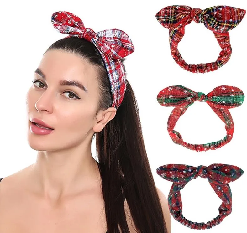 Christmas Headband Boho Bow Bandana Knot Headwrap Retro Elastic Rabbit Ear Hairband for Girls Womens snow flake gride parttern