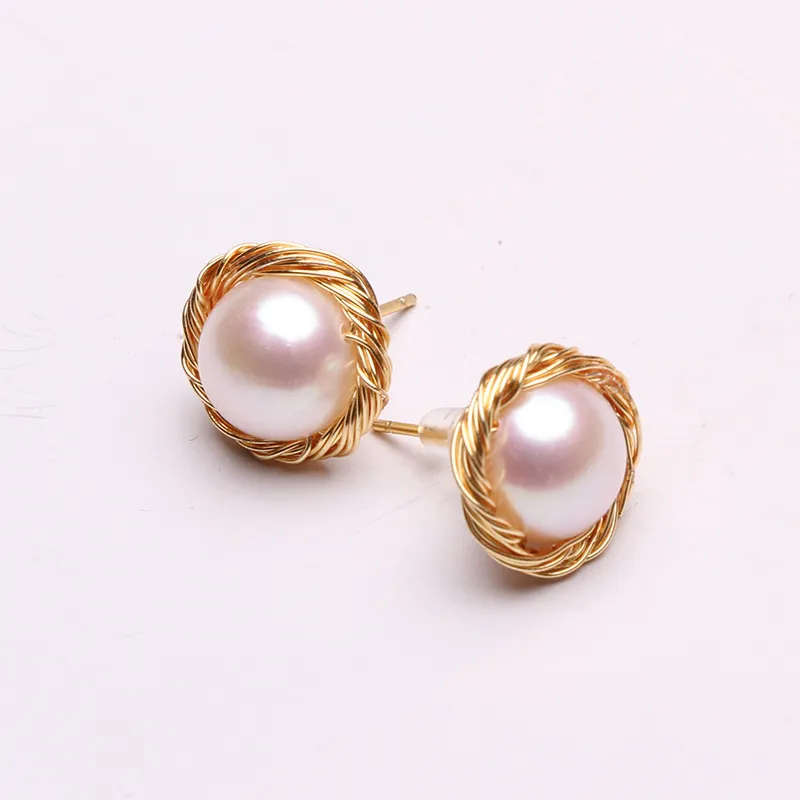 Kvinnor Designers Earing Hand-sår Örhängen 14K Gold Stud 9-10mm Oblate Flawless Freshwater Pearl Enkel stil