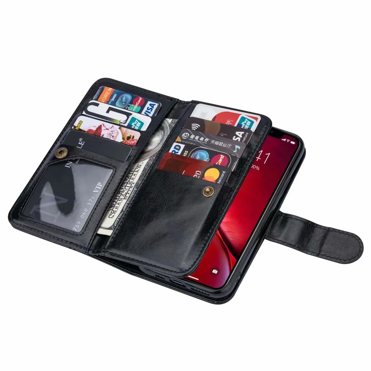 Custodia per telefono del portafoglio in pelle PU con slot a 9 schede per iPhone 2024 Samsung Galaxy S20 Nota 10 multifunzione colori misti