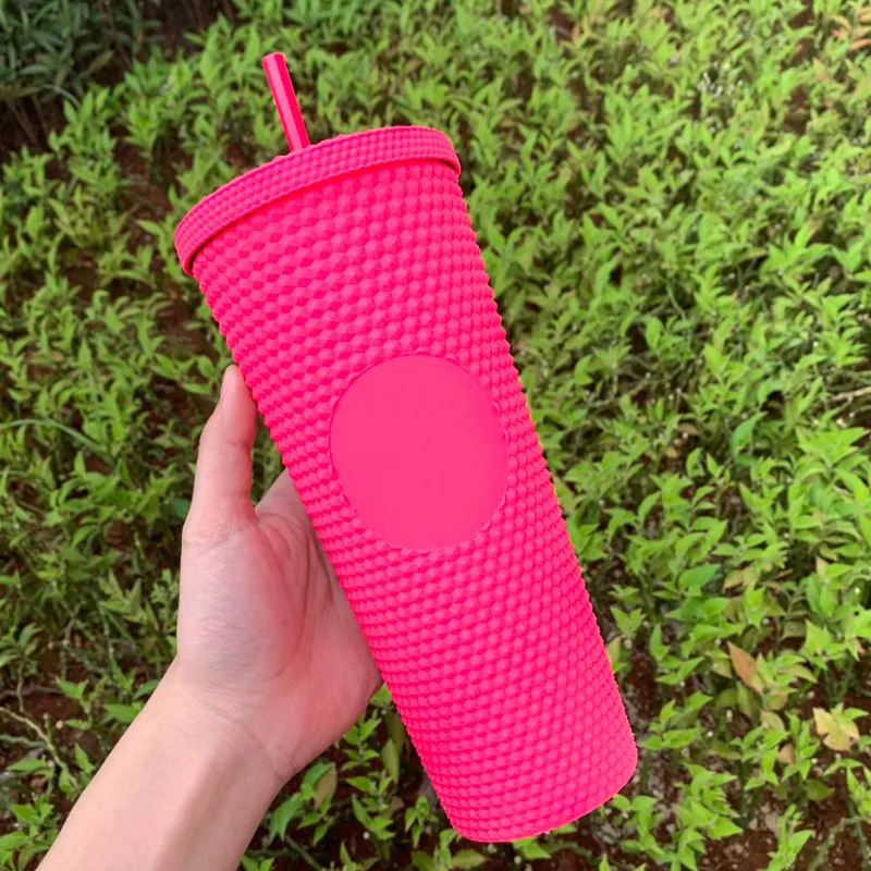 Venti 710ml 24oz Cup Mugs Double Wall Plastic Black Gold Oil Slick Gradient Pink Bling Studded Tumbler With Straw