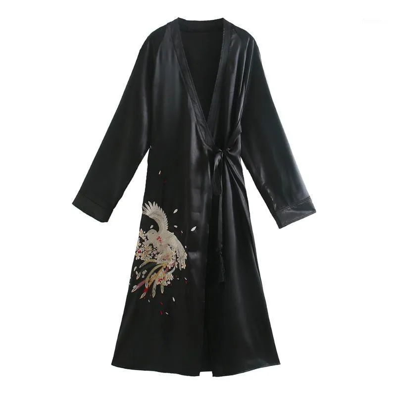 Damenblusen, Hemden, 2021, V-Ausschnitt, lange Ärmel, Wickelrock, schwarzer Kimono, Damenmode, Kleidung, Vintage-Stil, Blumenmuster, Brid-Stickerei mit Quastengürtel