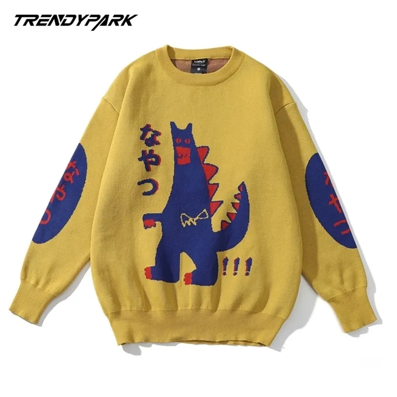 Homens Suéter Hip Hop Pulôver Streetwear Japonês Dinosaur Print Tricô Suéter Retro Vintage Outono HipHop Sweaters Jumper 201201