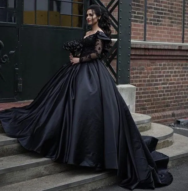 2021 Black One Shoulder Dresses Lace Applique Long Sleeves Ruffles Sweep Train Custom Made Wedding Bridal Ball Gown Vestido de Novia 403 403