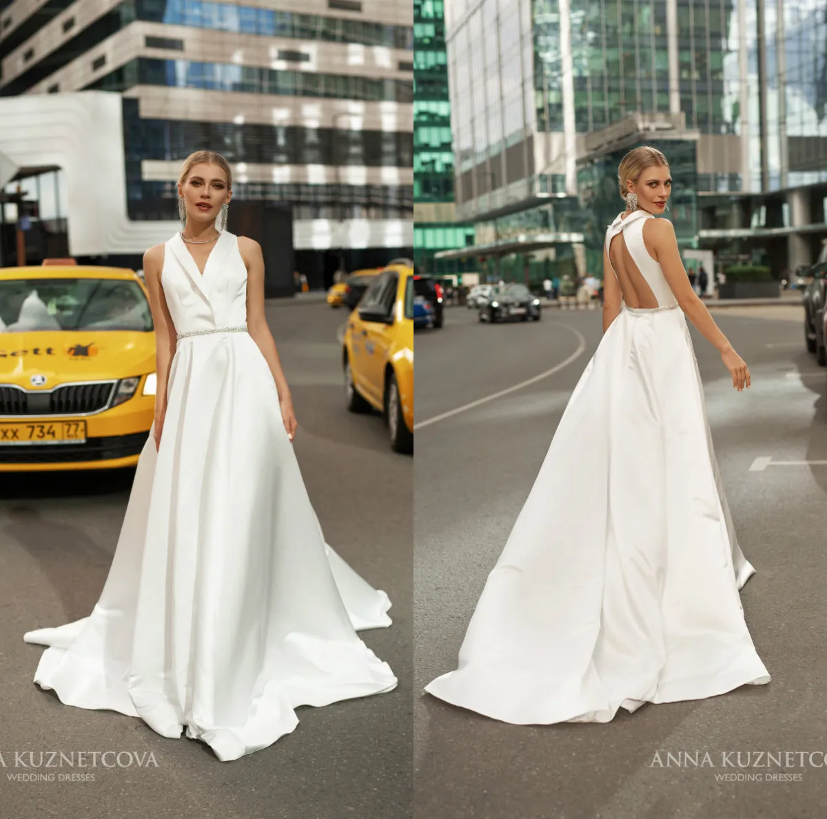 Anna Kuznetcova 2021 Satin Bröllopsklänningar med pärlstav Sash V Neck Billiga Mottagningstorkar Sweep Train Brudklänningar