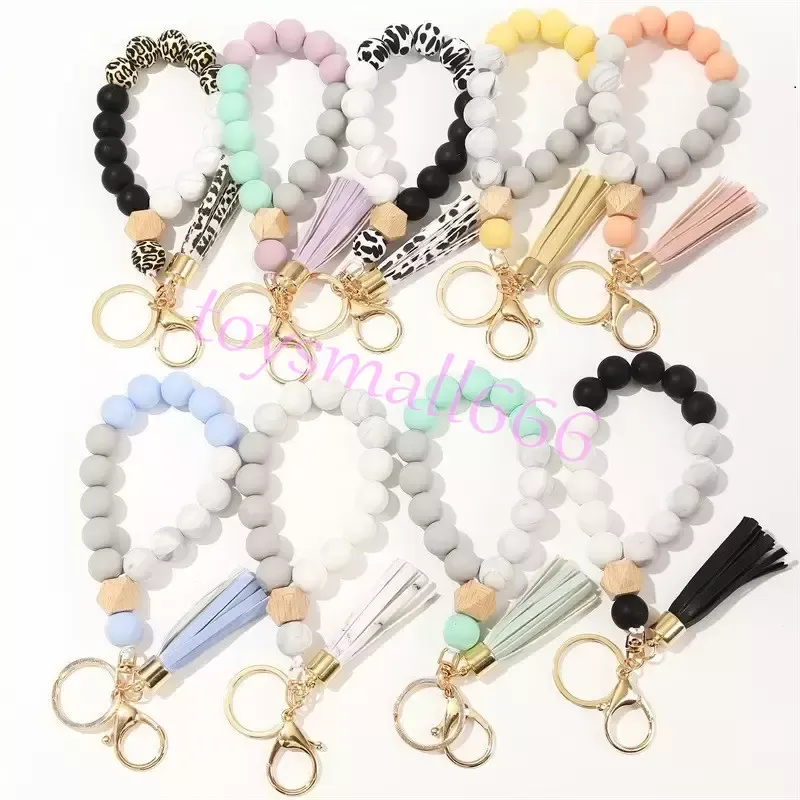 Silicone Key Ring Bracelet Beaded Wrislet Keychain Portable House Car Keys Holder Tassel Chain Wooden Wristlet Bangle Elastic Keyrings Chains for WomenGSJFEB24