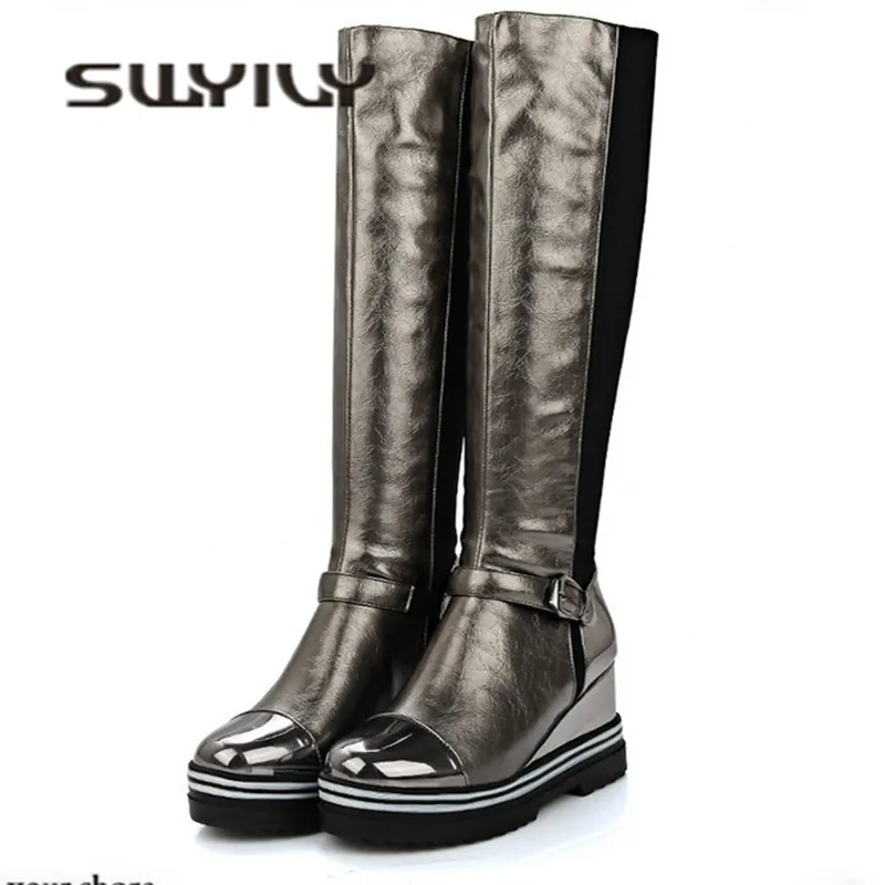 SWYIVY Knee High Long Boots Woman Wedge Autumn Winter Warm Female Fashion Shoes 34-43 Velvet Warm Ladies Sexy Snow Boots