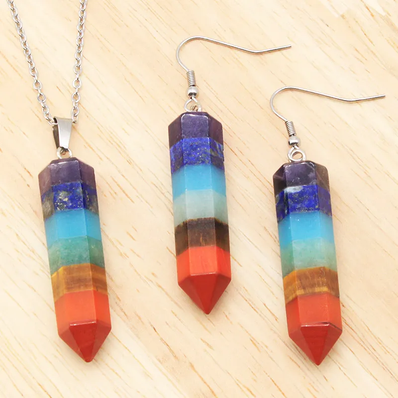 Chakra Bullet Shape Natuursteen Hanger Ketting Oorbellen Set Healing Crystal Rainbow Gemstone Sieraden Sets voor Women286B