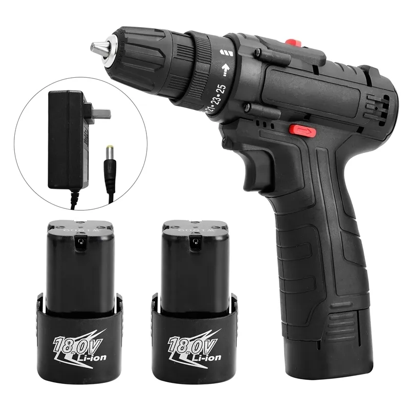 18V Electric Impact Cordless Drill High-Power Lithium Batteri Trådlöst uppladdningsbara handborrningar Hem DIY ELEKTRISK Skruvmejsel 201225