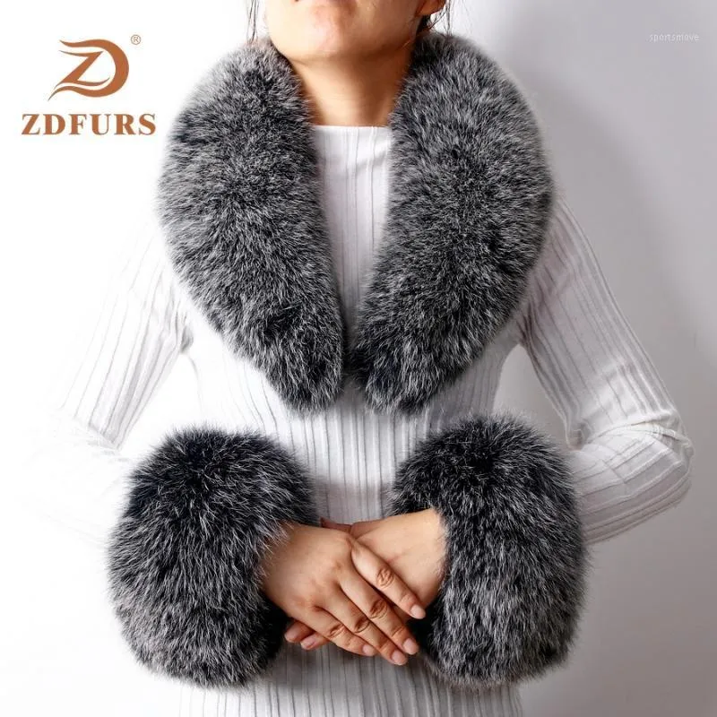 Scarves ZDFURS* 2021 Arrival Real Fur / Raccoon Collar Cuffs Women Winter Fashion And Cuff One Set1